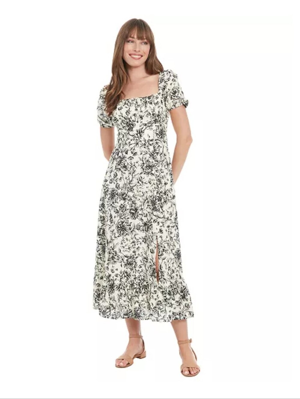 London Times NWT Ivory Black Floral Puff Sleeve Midi Dress 16W $109 Cocktail